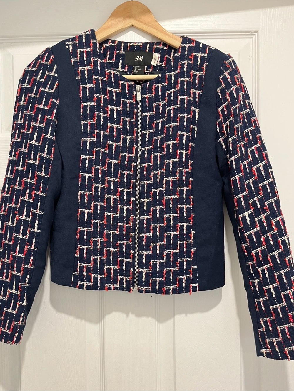 H&M Navy, White & Red Tweed Zip Jacket